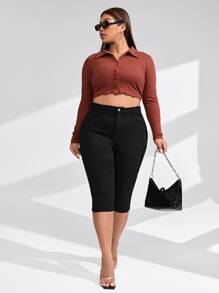 SHEIN Essnce 大尺碼春夏季休閒純色修身七分褲 - 黑色 - 查看 4