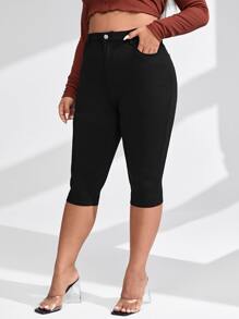 SHEIN Essnce 大尺碼春夏季休閒純色修身七分褲 - 黑色 - 查看 5