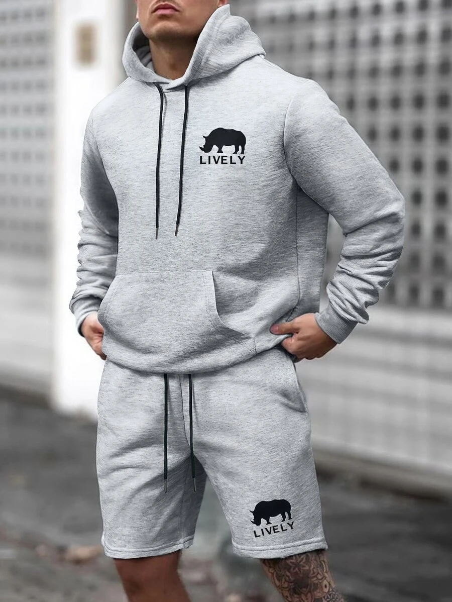 Manfinity Homme Men Letter & Cartoon Graphic Hoodie & Drawstring Waist Slant Pocket Track Shorts - Grey - View 1