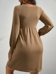 SHEIN Maternity Solid Round Neck Jumper Dress - Camel - View 2