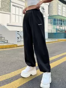 EURMUSE Letter Graphic Elastic Waist Joggers - Black - View 1