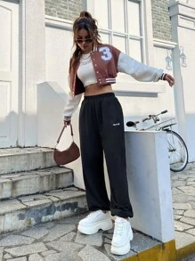 EURMUSE Letter Graphic Elastic Waist Joggers - Black - View 5