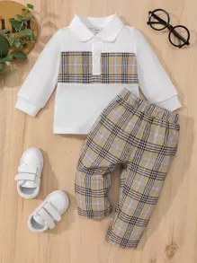 Baby Boy Plaid Print Polo Neck Sweatshirt & Pants - Multicolor - View 1