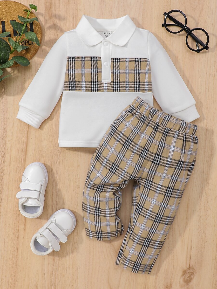 Baby Boy Plaid Print Polo Neck Sweatshirt & Pants - Multicolor - View 1