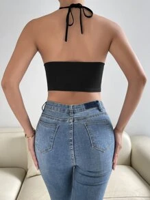 Allurite Chain Detail Cut Out Crop Halter Top - Black - View 2