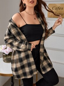 Calvaya Camisa de cuadros con botón de hombros caídos