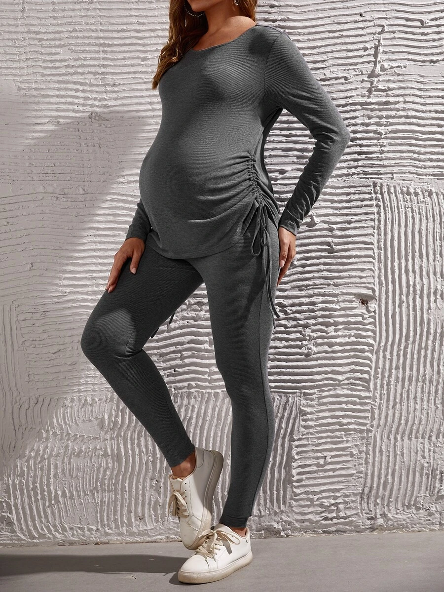 SHEIN Maternity Drawstring Side Tee & Leggings - Grey - View 1