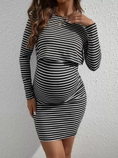 SHEIN Vestido de maternidad de manga larga, ajustado y a rayas para dar de lactar