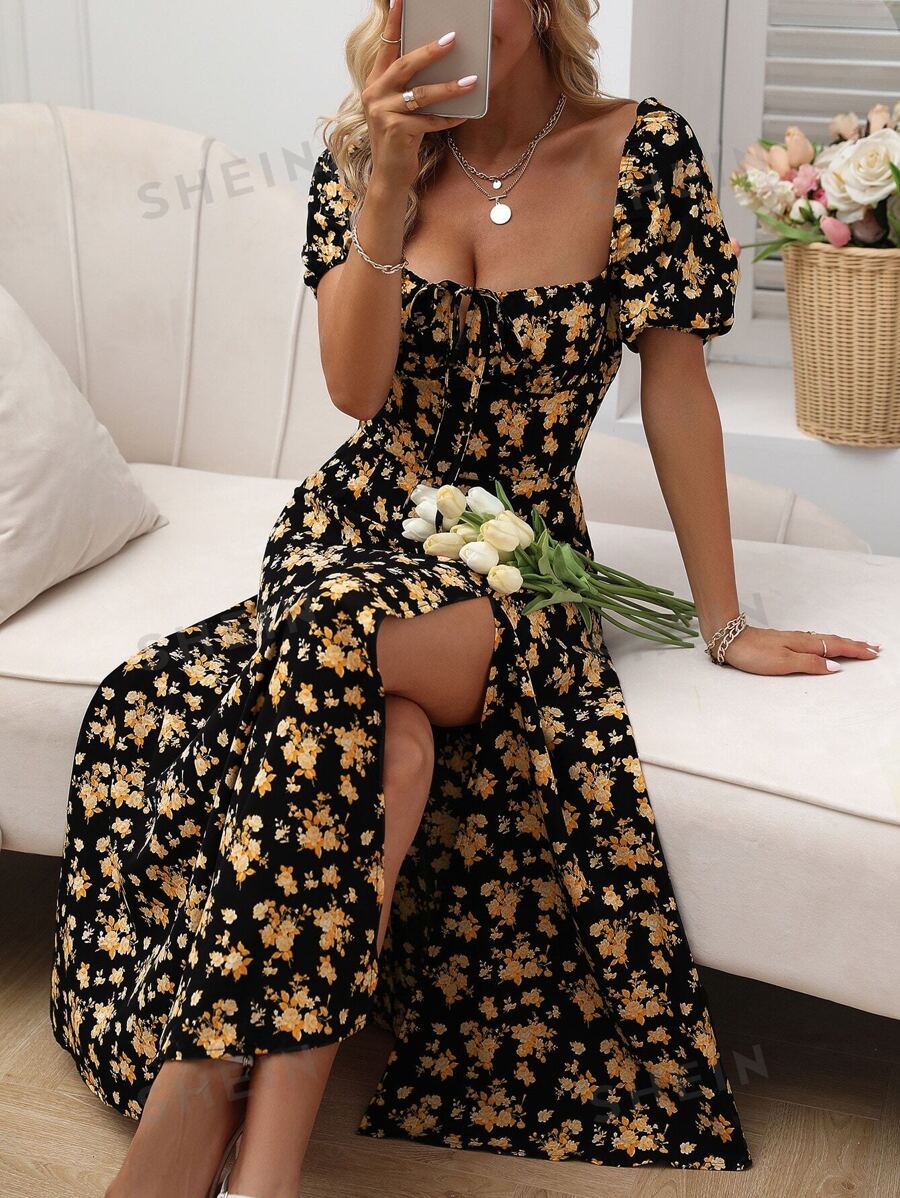 Breezaya Vestido largo con estampado floral, abertura a los lados y escote anudado en forma de A para mujer - Multicolor - Ver 1