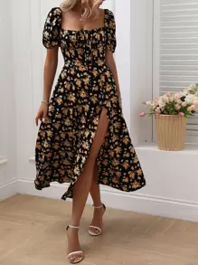 Breezaya Allover Floral Knot Split Thigh A-Line Dress Maxi Women Outfit - Multicolor - View 5