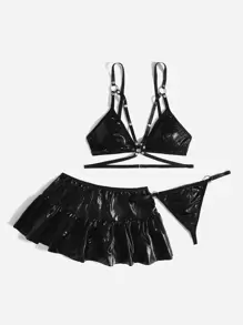ROMWE Grunge Punk 3pack Studded Lingerie Set With Skirt - Black - View 1