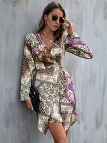 Paisley Print Wrap Hem Dress - Multicolor - View 1