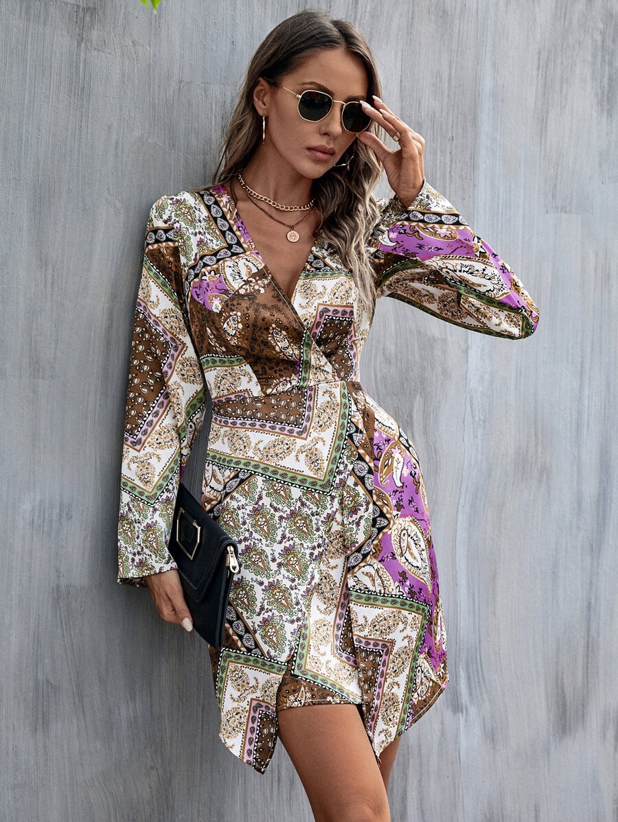 Paisley Print Wrap Hem Dress - Multicolor - View 1