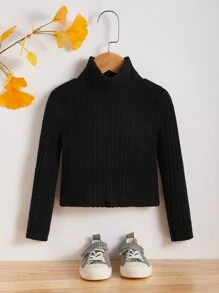 SHEIN 年輕女孩休閒針織柔軟肋紋半高領純色長袖套頭上衣 - 黑色 - 查看 1