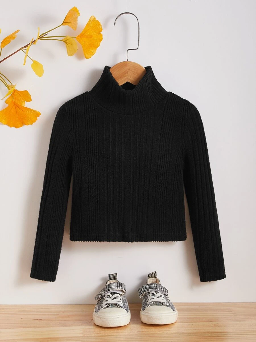 SHEIN 年輕女孩休閒針織柔軟肋紋半高領純色長袖套頭上衣 - 黑色 - 查看 1