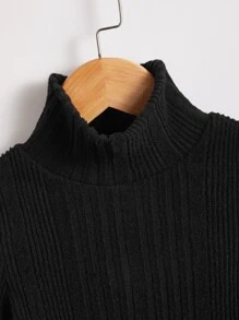 SHEIN 年輕女孩休閒針織柔軟肋紋半高領純色長袖套頭上衣 - 黑色 - 查看 3