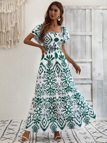 SHEIN VCAY Vestido con estampado con fruncido de manga a capas bajo con fruncido - Multicolor - Ver 4