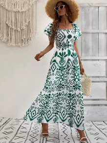 SHEIN VCAY Vestido con estampado con fruncido de manga a capas bajo con fruncido - Multicolor - Ver 5