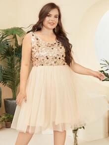 Vestido de malla con lentejuela en contraste - Champán - Ver 3