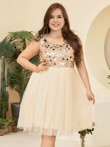 Vestido de malla con lentejuela en contraste - Champán - Ver 5