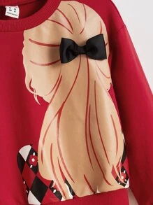 SHEIN Áo nỉ bé gái Nơ Bướm Con số Giải trí - Đỏ - Xem 3