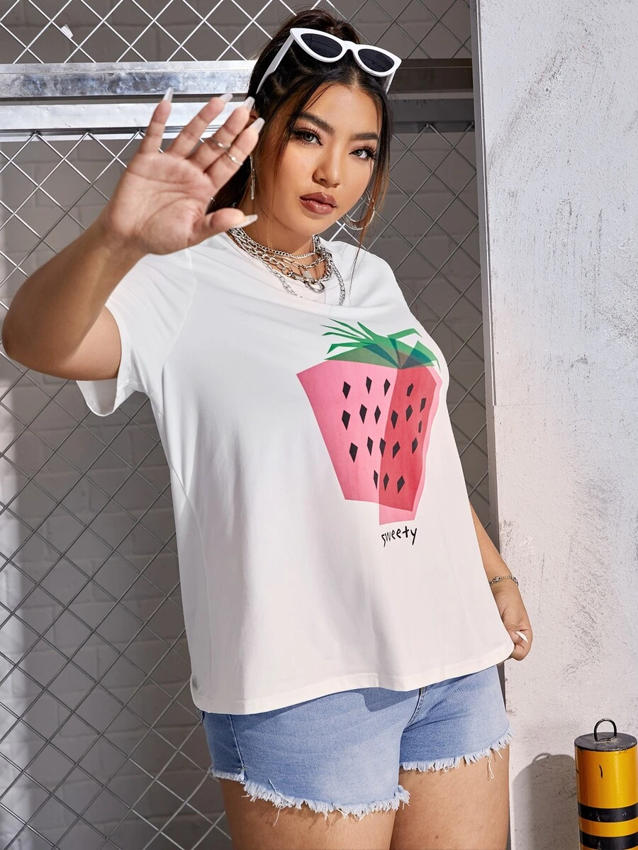 Camiseta fresa & con estampado de letra - Blanco - Ver 1