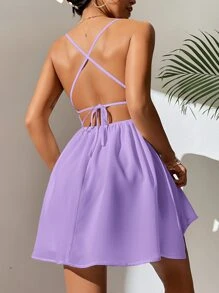 SHEIN PETITE 十字交叉後背繫帶吊帶連衣裙 - 紫丁香色 - 查看 2