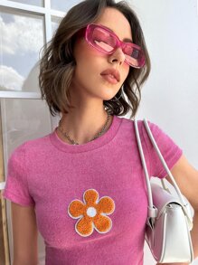 Muchica Floral Patched Crop Tee - Pink - View 5