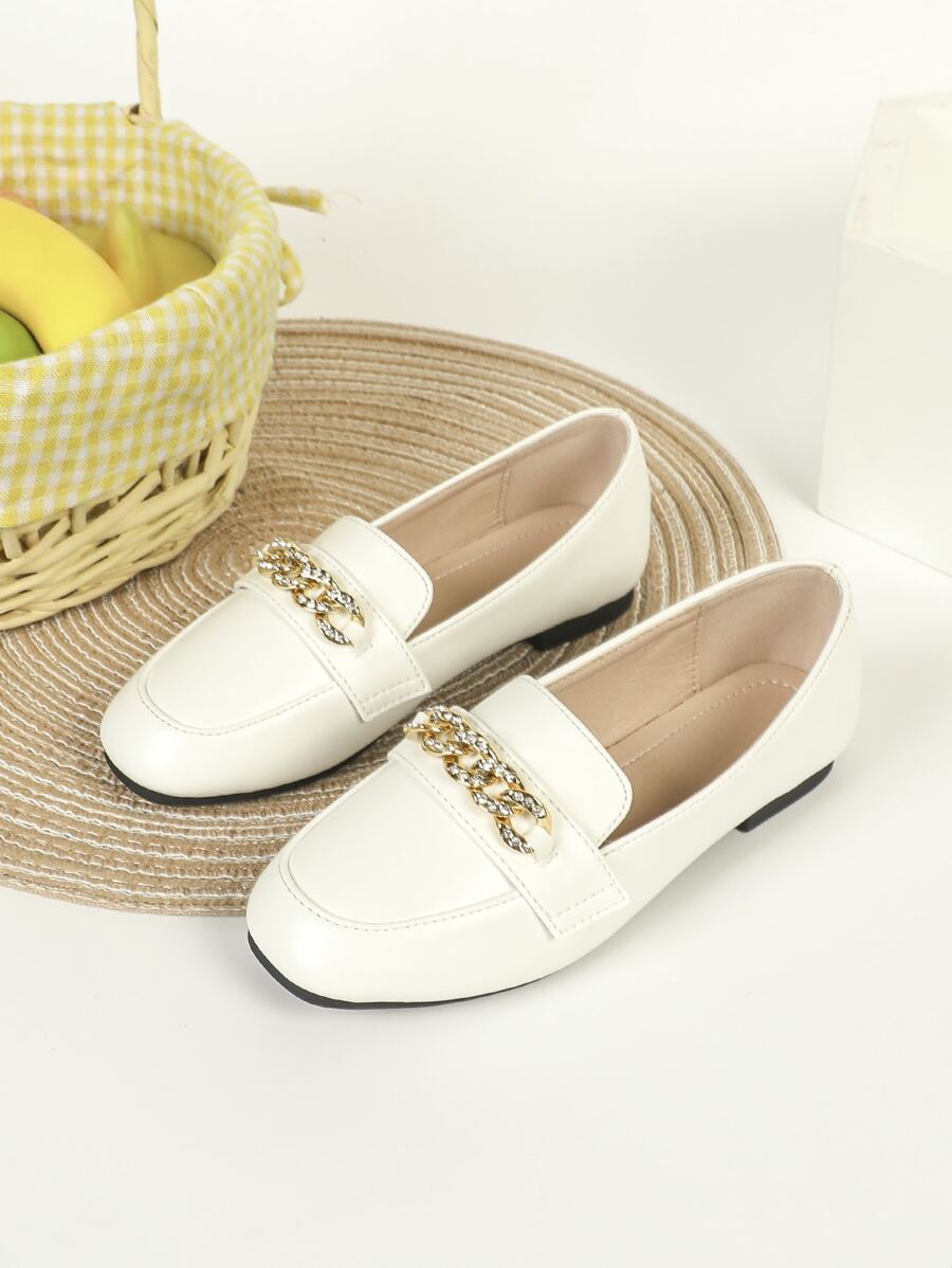Girls Rhinestone & Chain Decor Flat Loafers - White - View 1