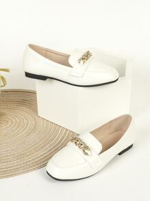 Girls Rhinestone & Chain Decor Flat Loafers - White - View 3