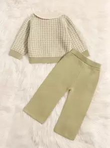 Baby Houndstooth Pattern Cardigan & Knit Trousers - Khaki - View 2