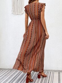 Breezaya Geo & Floral Print Ruffle Trim Split Thigh Dress Without Belt - Yellow - View 2