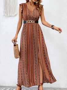 Breezaya Geo & Floral Print Ruffle Trim Split Thigh Dress Without Belt - Yellow - View 3