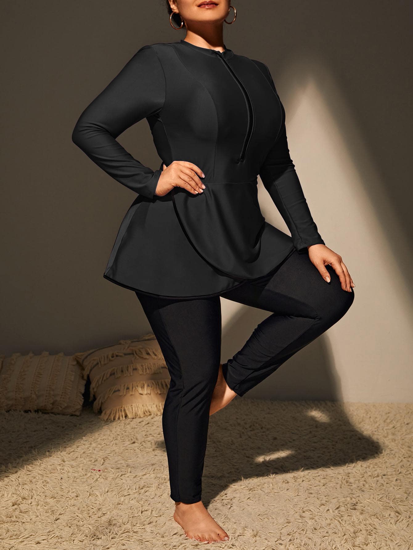 Plus Size Half Zipper Contrast Binding Full Body Swimwear - Black - View 1