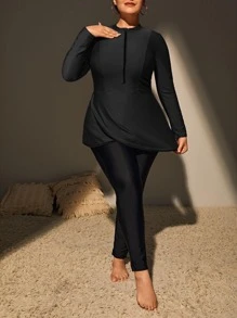 Plus Size Half Zipper Contrast Binding Full Body Swimwear - Black - View 3