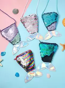 1 pieza bolsa de regalo de lentejuelas y felpa, lindo diseño de cola de sirena, pequeño monedero de regalo con correa para fiesta de cumpleaños de niños - Multicolor - Ver 1