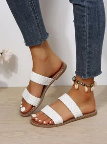 極簡戶外平底拖鞋適用於女士編織帶人造皮革露趾涼拖 - 白色 - 查看 1