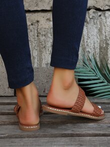 Của phụ nữ Đúng mốt Màu thuần Nâu Dép phẳng Với Dệt Dây đai - màu nâu - Xem 2