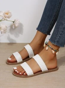 極簡戶外平底拖鞋適用於女士編織帶人造皮革露趾涼拖 - 白色 - 查看 6