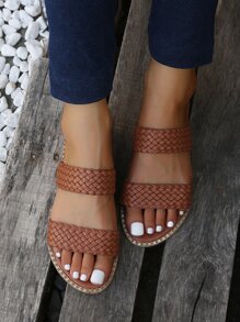 Của phụ nữ Đúng mốt Màu thuần Nâu Dép phẳng Với Dệt Dây đai - màu nâu - Xem 7