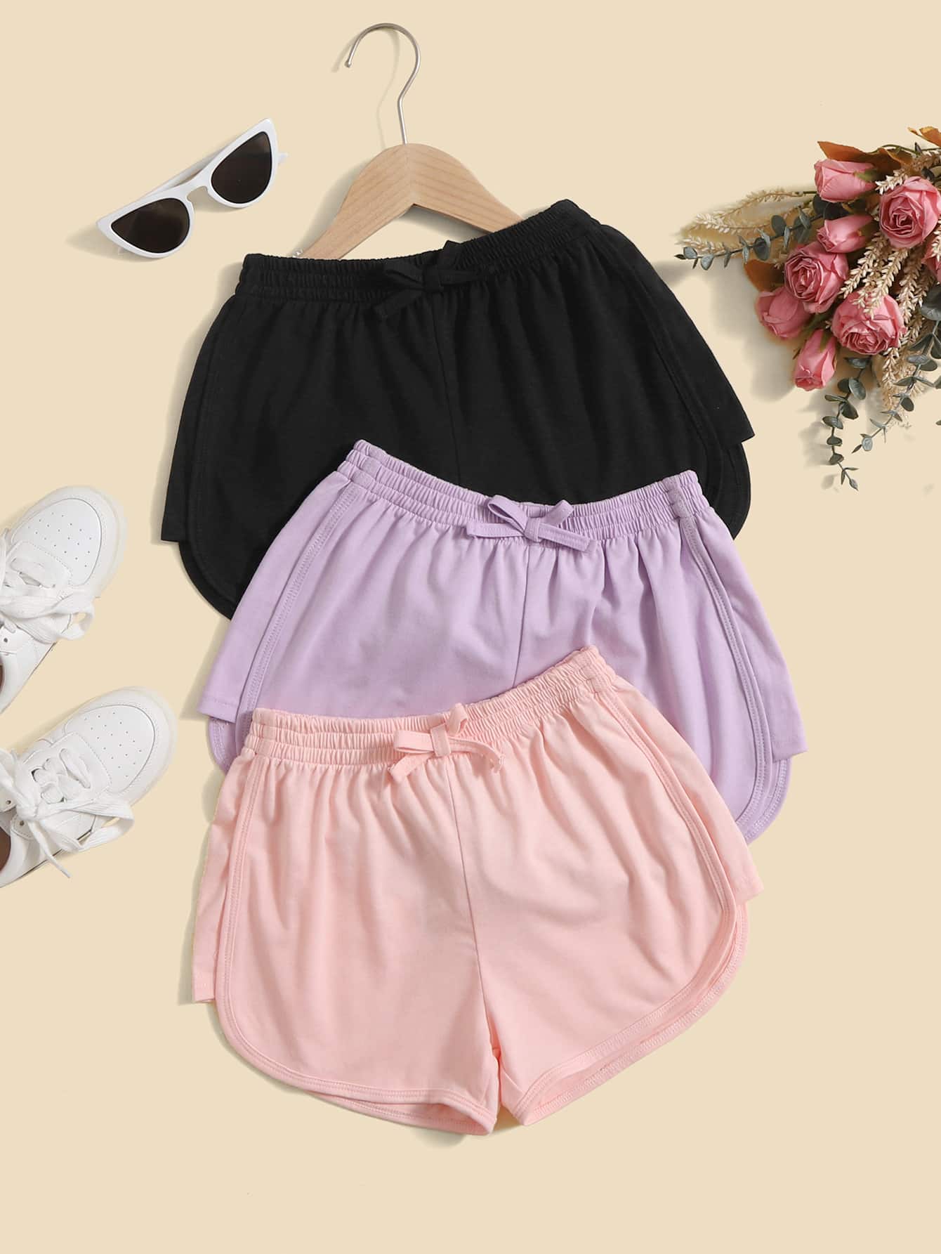 Niñas 3 piezas Shorts deportivos con nudo delantero - Multicolor - Ver 1