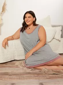 SHEIN CURVE+ Plus Contrast Trim Night Dress - Light Grey - View 2