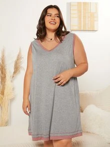 SHEIN CURVE+ Plus Contrast Trim Night Dress - Light Grey - View 6