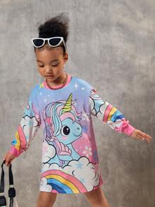 SHEIN 小女童卡通圖案落肩袖衛衣洋裝 - 彩色 - 查看 3