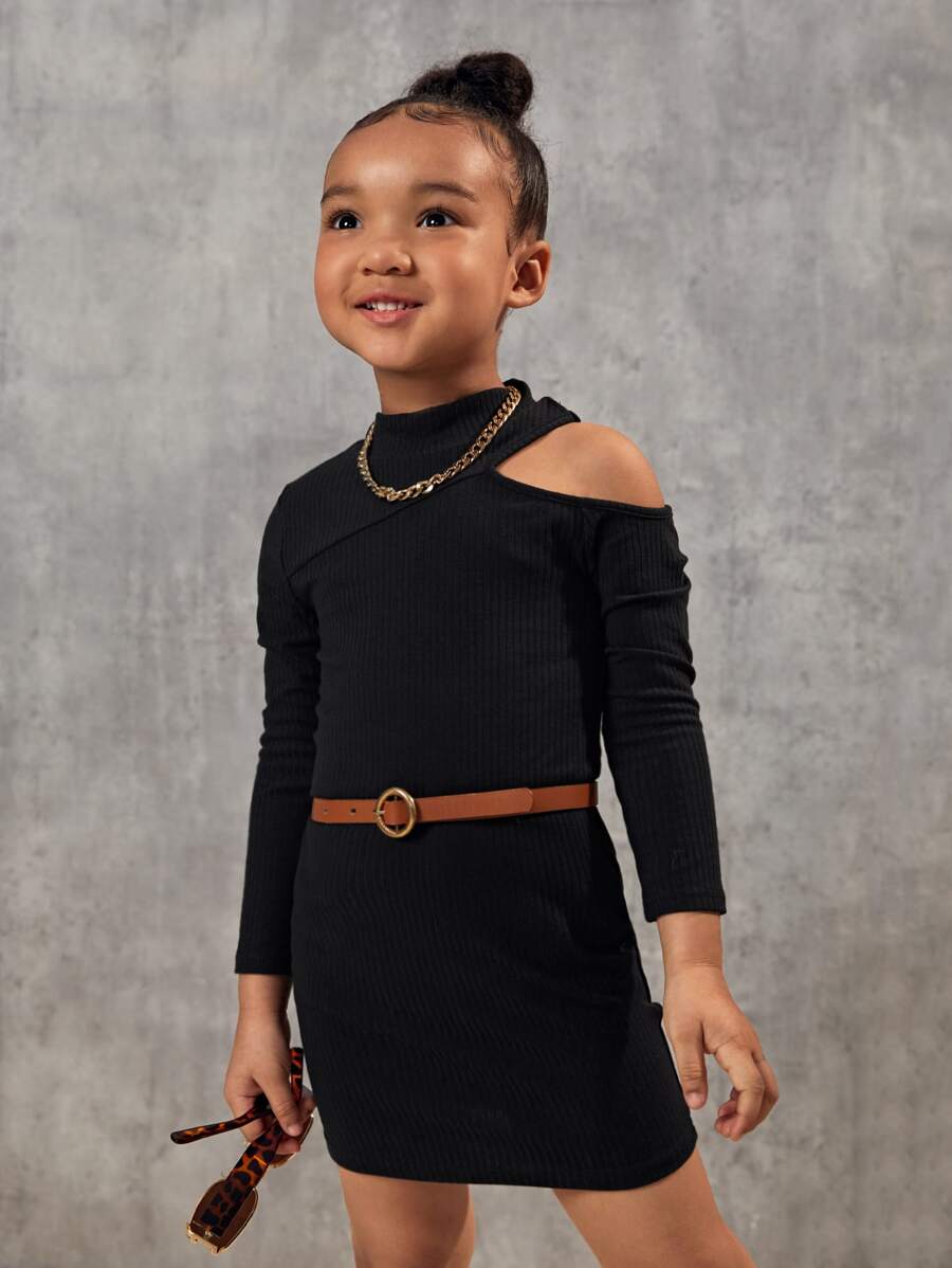 SHEIN Toddler Girls Cold Shoulder Rib-knit Dress Without Belt - Black - View 1