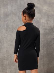 SHEIN Toddler Girls Cold Shoulder Rib-knit Dress Without Belt - Black - View 2