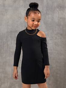 SHEIN Toddler Girls Cold Shoulder Rib-knit Dress Without Belt - Black - View 5