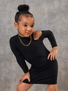 SHEIN Toddler Girls Cold Shoulder Rib-knit Dress Without Belt - Black - View 6