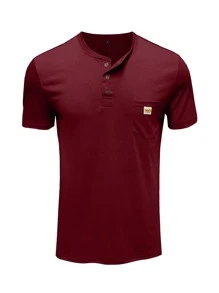 Áo thun có cổ Nam Đắp vá Túi Lá thư Giải trí - Màu Đỏ Sâu - Xem 3