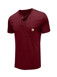 Áo thun có cổ Nam Đắp vá Túi Lá thư Giải trí - Màu Đỏ Sâu - Xem 1